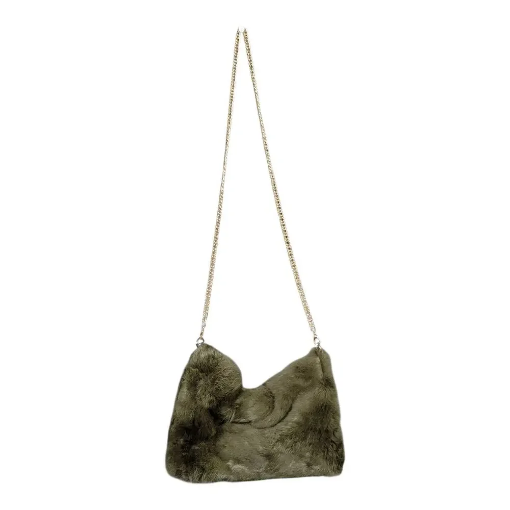 Faux Fur Shoulder Crossbody Bag with Gold Tone Chain Strap Winter Cozy Green‎